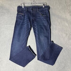 Diesel Belther Mens Regular Slim Tapered Jeans Dark Indigo Blue 33x32 Button Fly